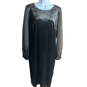ASHRO Black Velvet Sheer Sleeve Jewel Embellished Dress Size 16